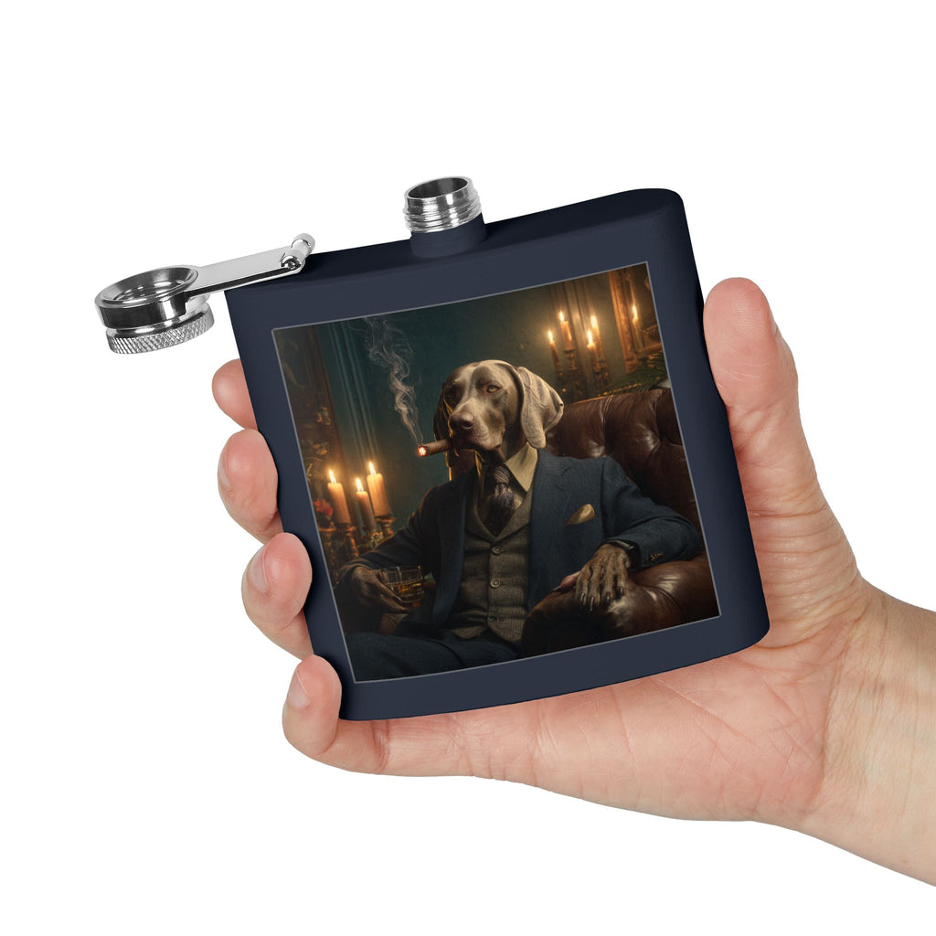 Weimaraner Gentleman Flask — 6oz Stainless Steel Hip Flask with Smoking Dog Portrait