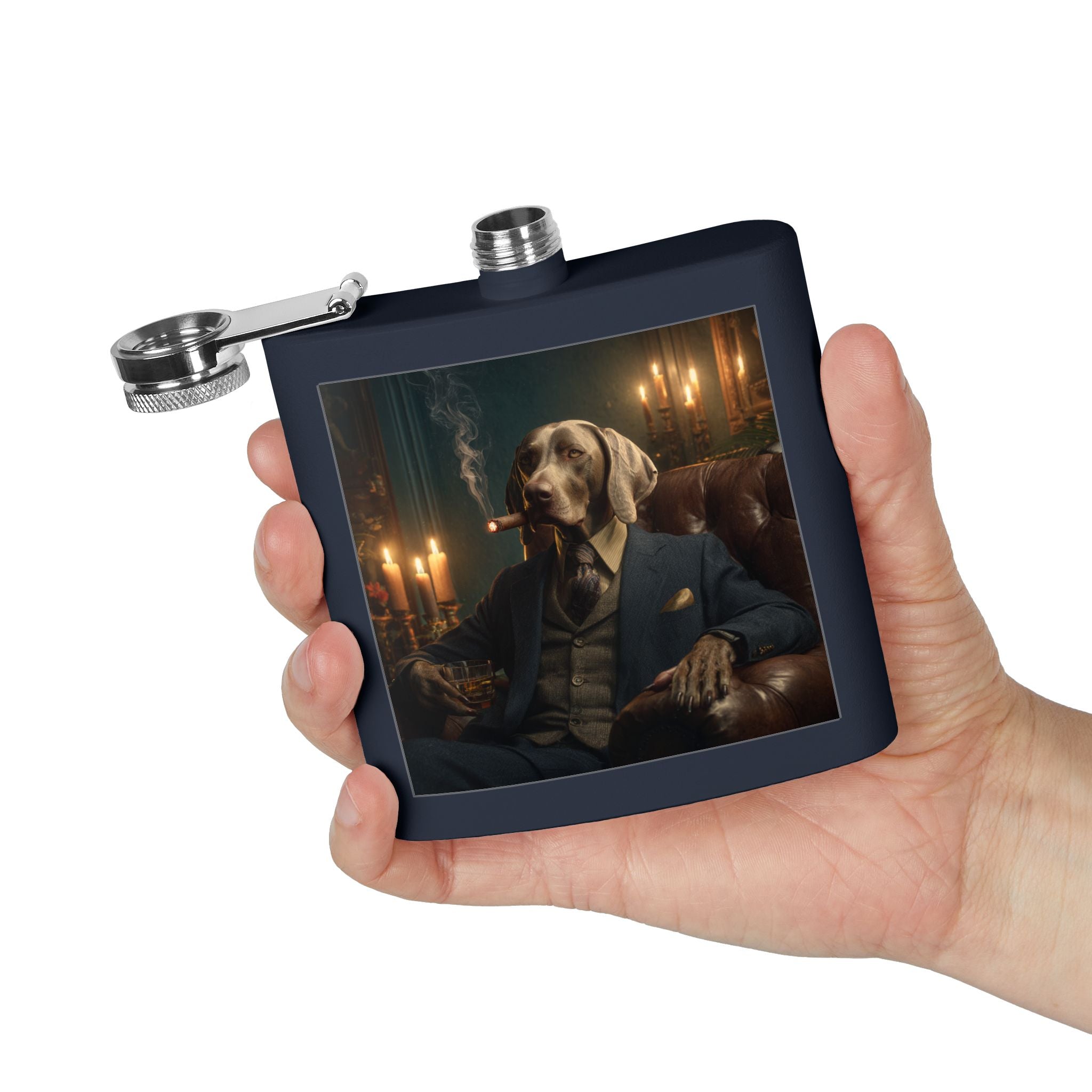 Weimaraner Gentleman Flask — 6oz Stainless Steel Hip Flask with Smoking Dog Portrait