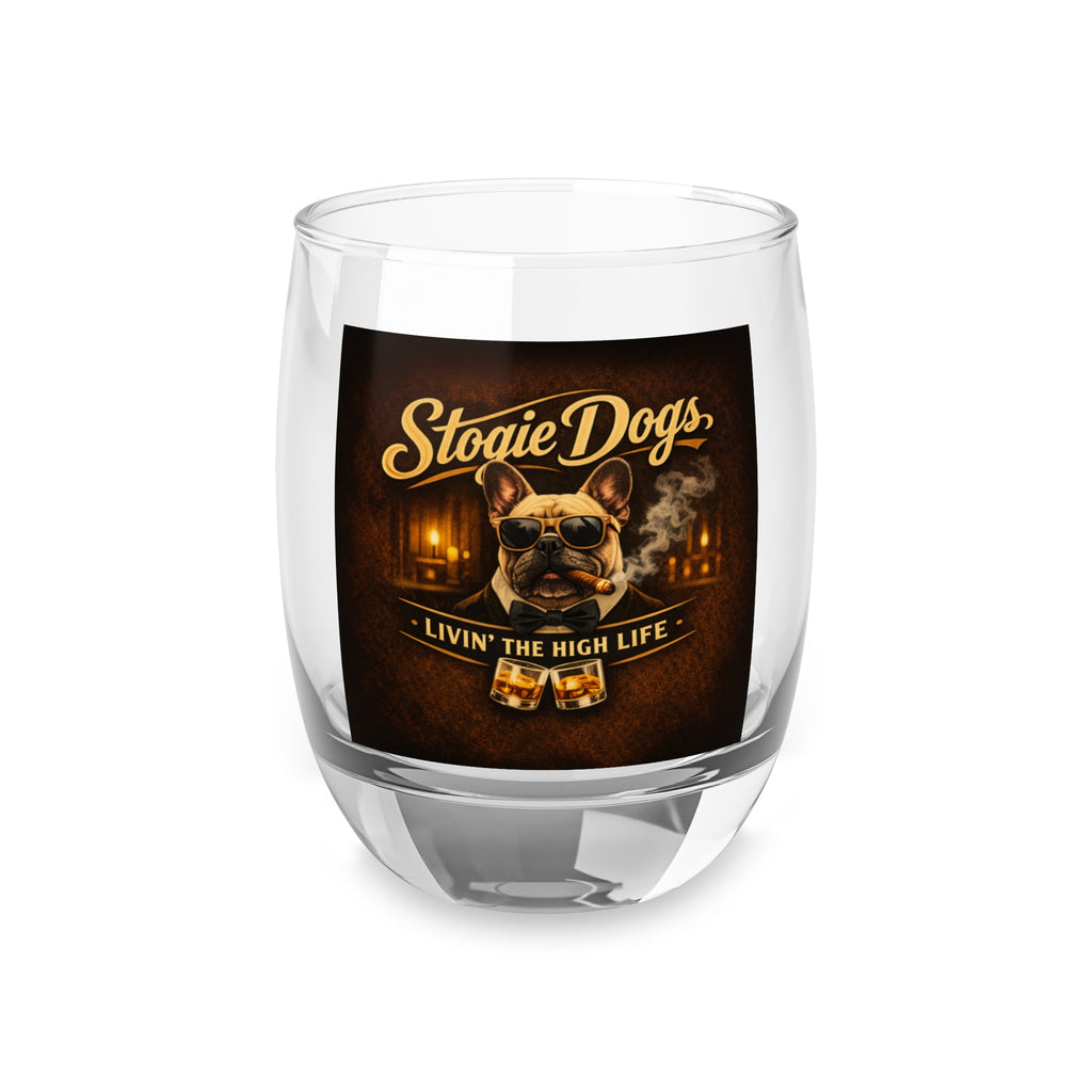 Whiskey Glass — "Stogie Dogs: Livin' the High Life" Whiskey Tumbler, Funny Cigar-Loving Bulldog Bar Glass Gift
