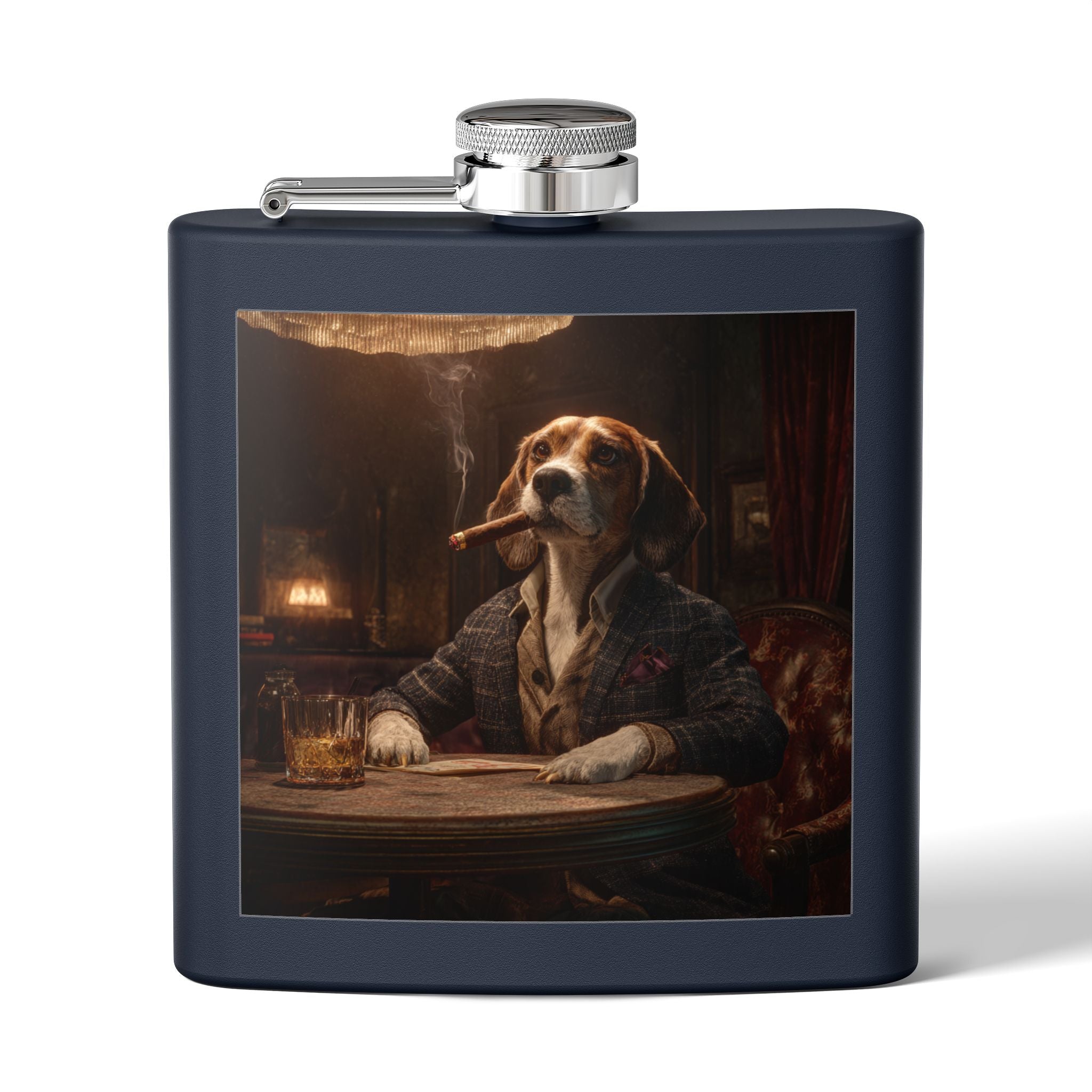 Beagle Gentleman Flask — 6oz Stainless Steel Pocket Hip Flask, Vintage Dog Portrait Design