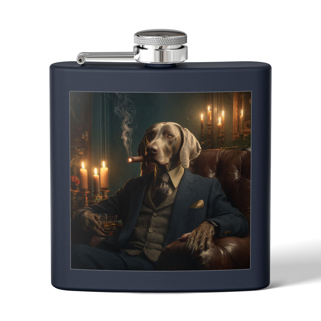 Weimaraner Gentleman Flask — 6oz Stainless Steel Hip Flask with Smoking Dog Portrait