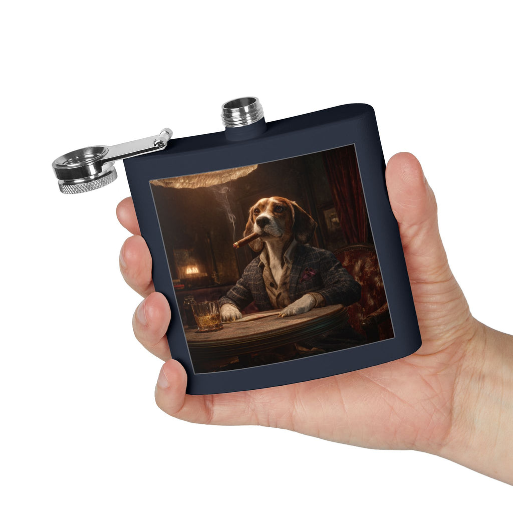 Beagle Gentleman Flask — 6oz Stainless Steel Pocket Hip Flask, Vintage Dog Portrait Design